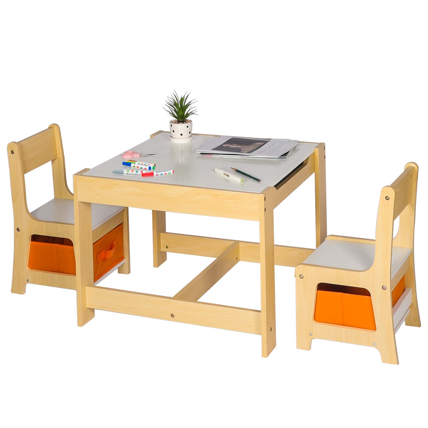 3 in 1 Kids Wood Table and 2 Chairs Set Kids Multi Activity Table and Chair with Storage Children Play Desk for Building Blocks Reading Drawing Art Playroom (Natural)