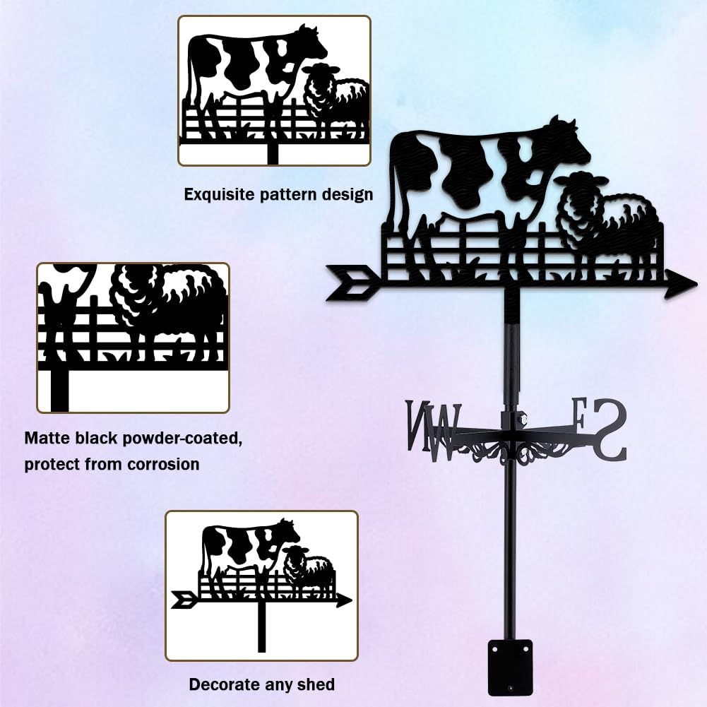 Animal Weathervane Cow Weather Vane for Roof Mount Animal Metal Weathervane for Garden Cow Wind Direction Indicators for Farmhouse Yard Outdoor Farm Barn Sheds Patio Decoration