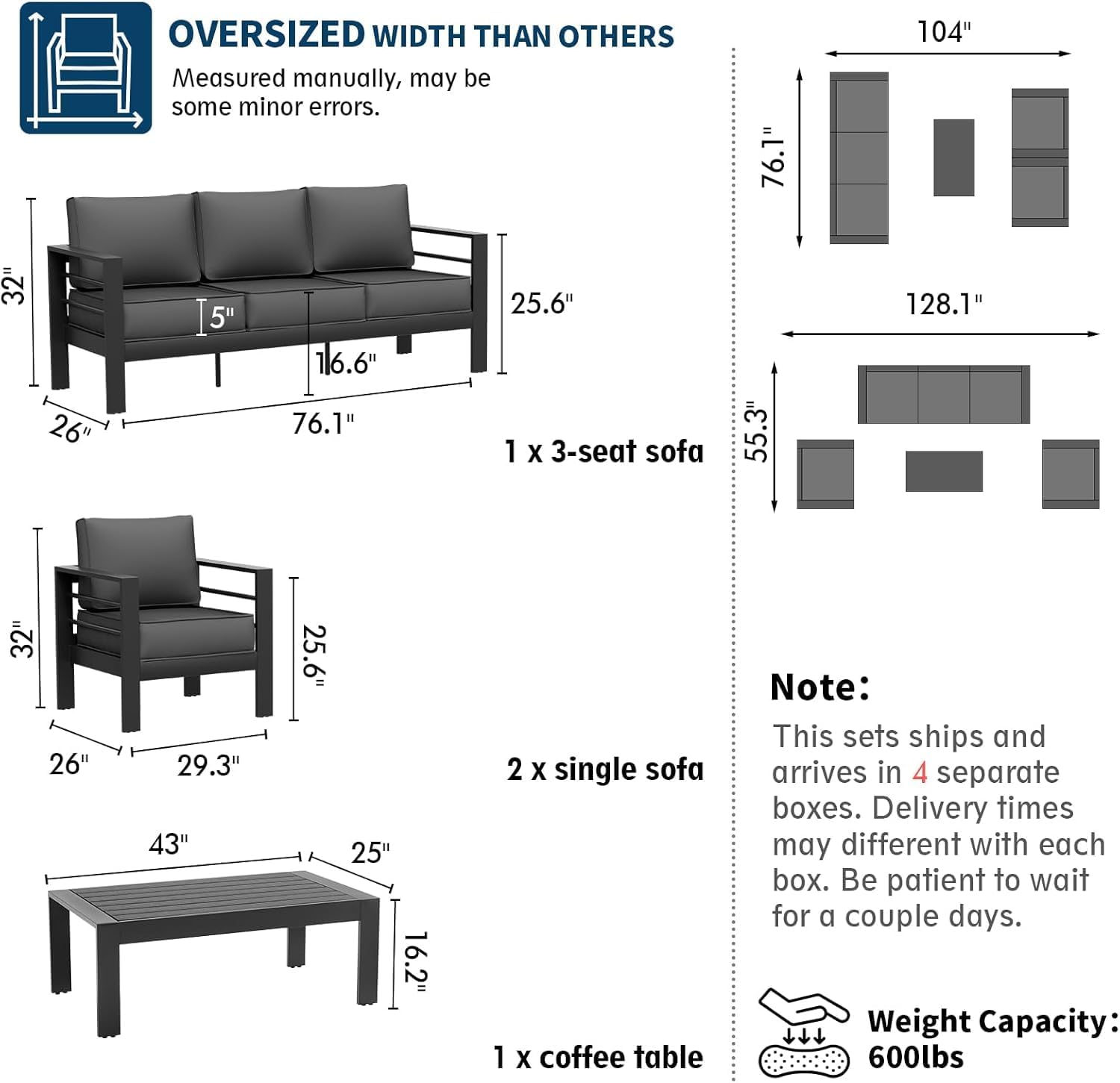 UDPATIO Aluminum Outdoor Furniture Set, 3.2'' Wide Armrest, 240g Premium Olefin Fabric All-Weather & UV-Resistant Patio Furniture Set for Deck, Backyard, Poolside, Dark Gray