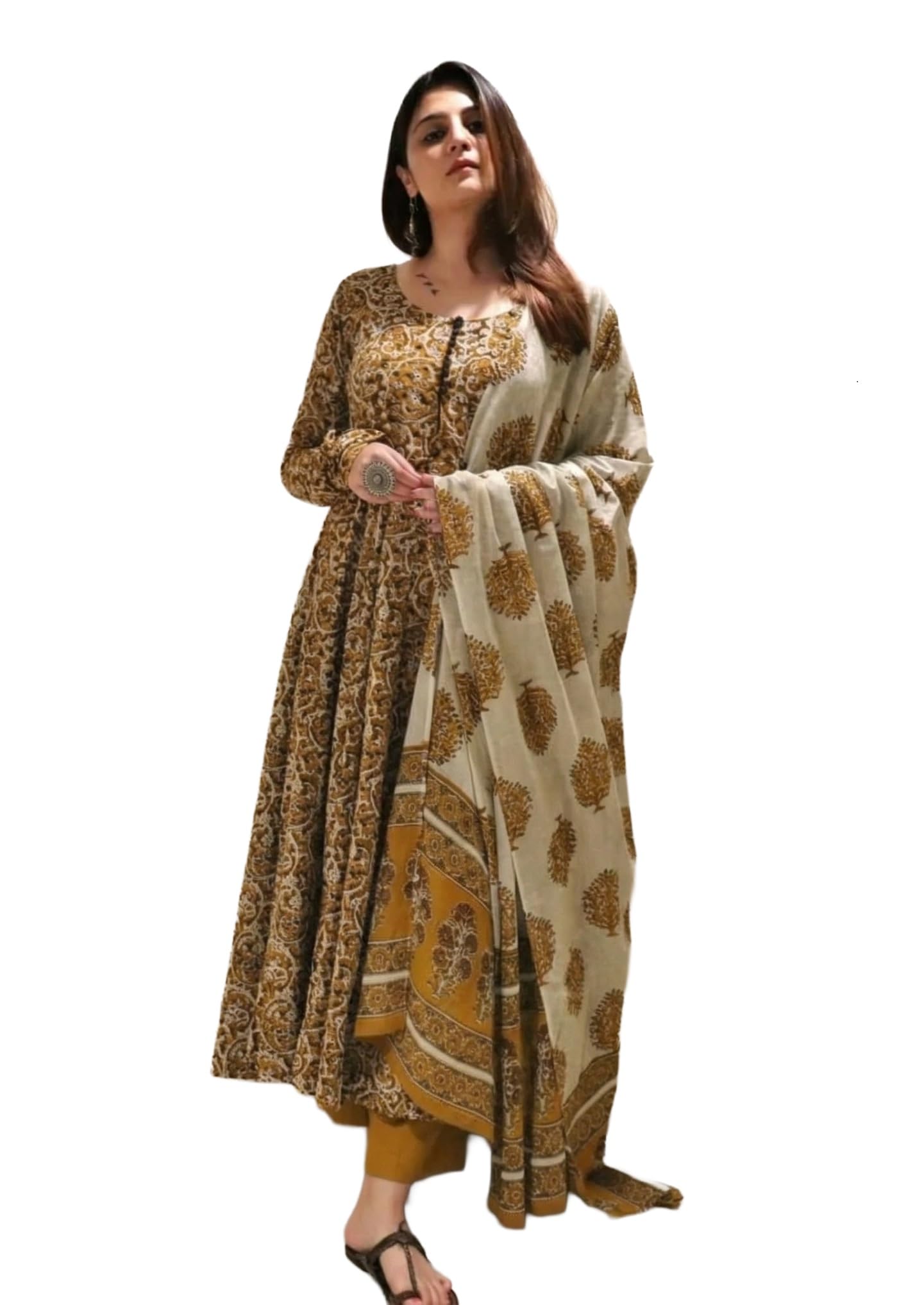 Nermosa Women Printed Anarkali Kurta and Pant Set with Dupatta | Printed Kurta Set | Cotton Suit | Women Kurta Sets | (IN, Alpha, S, Regular, Standard, Yellow)
