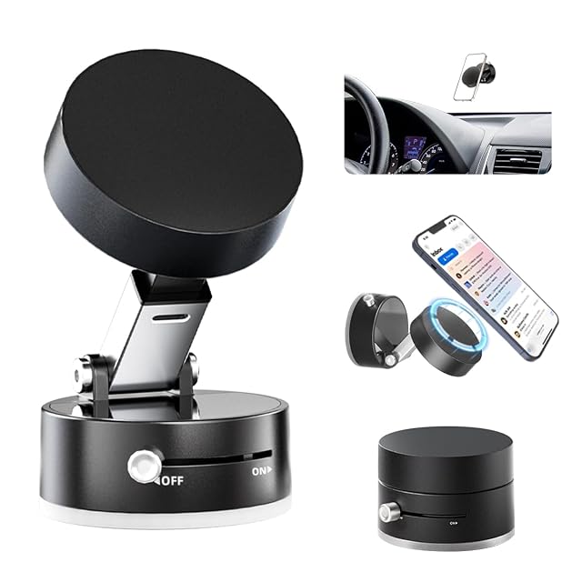 AUKSKY Vacuum Magnetic Phone Holder Foldable Car Mount with Windshield Suction Cup Metal Ring Compatible with iPhone 17