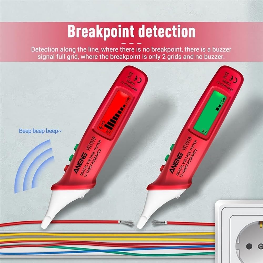 Testeur de tension numérique LCD sans contact 12 V-1000 V Testeur de stylo multifonctionnel Détecteur de tension AC/DC Crayon de test de batterie de continuité électrique avec alarme sonore et lumineu