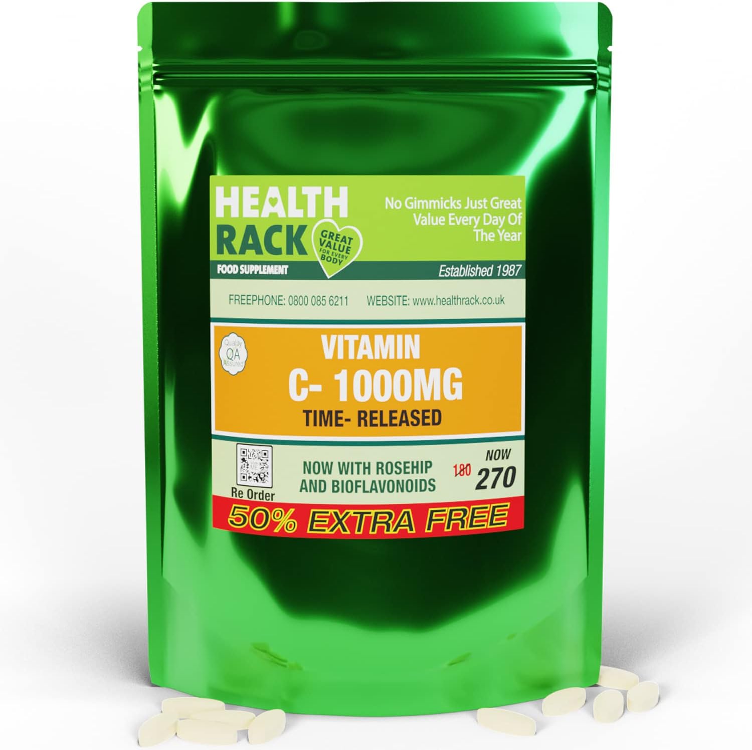 Vitamin C Tablets 1000mg Time Released with Rosehip and Bio Flavonoids - 270 Tablets - 9 Month Supply