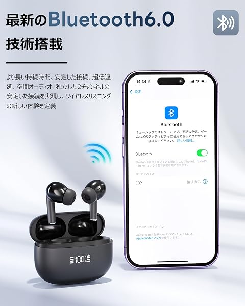 ワイヤレスイヤホン bluetooth イヤホン 【2026年 ANC アップグレード版】 最新Bluetooth6.0 ブルートゥース イヤフォン ANCノイズキャンセリング 自動ペアリング Hi-Fi音質 IPX4防水 自動ペアリング 急速充電対応 マイク付き 片耳/両耳 通話対応 タッチ操作 通勤/通学/スポーツ iPhone/Android対応 - 3