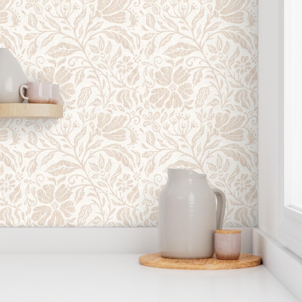 Removable Wallpaper 9ft x 2ft - Neutral Beige Floral Earth Tone Warm Botanical Mochrome Tan Flowers Boho Spring Custom Pre-Pasted Wallpaper by Spoonflower