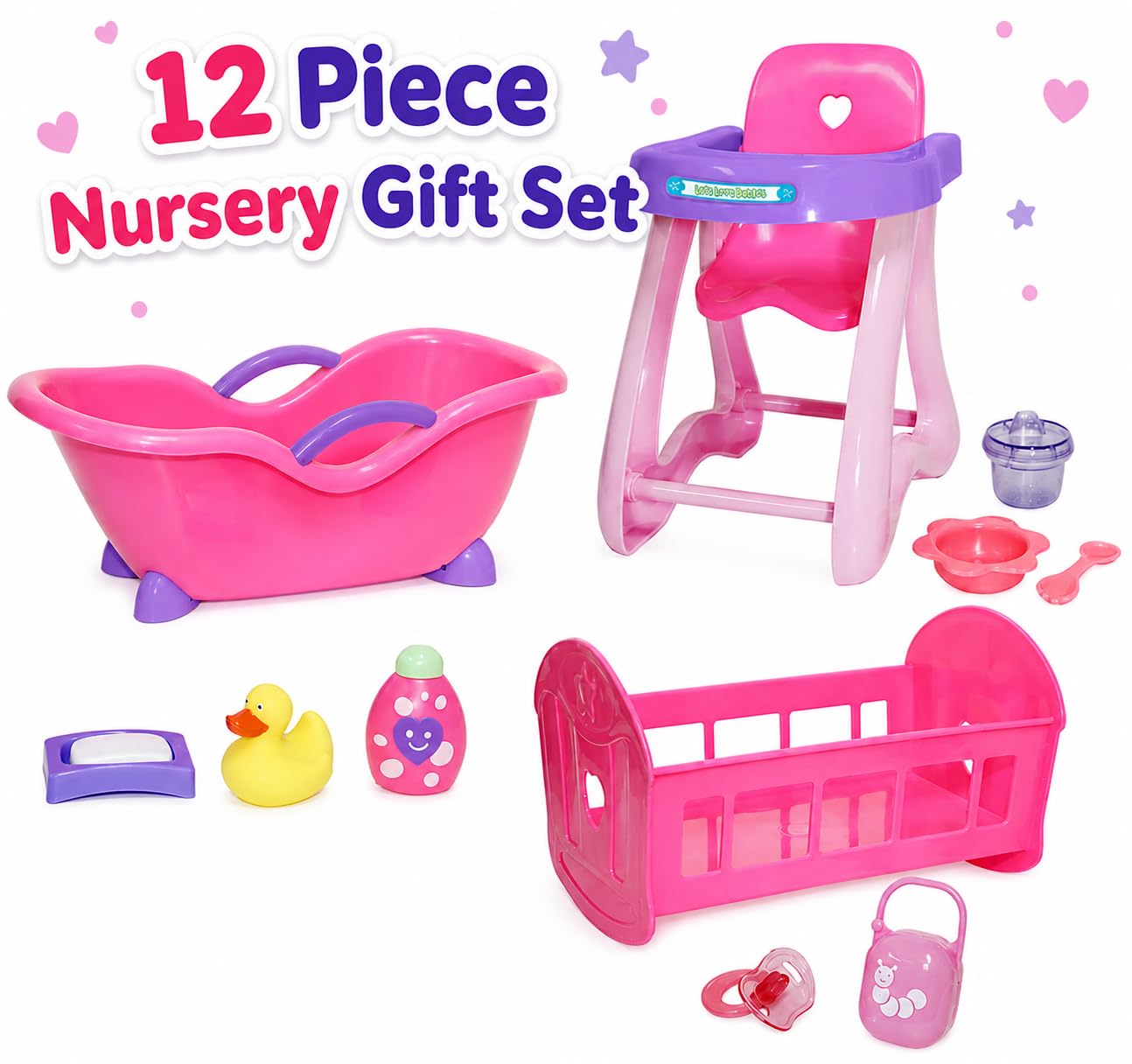 JC Toys- Set de 3 Piezas para muñecas, bañera, Silla Alta de Comer, Cuna Mecedora y 9 Accesorios, muñecas hasta 28 cm, Ideal para Jugar, Rosa, diseñado por Berenguer, +2 años