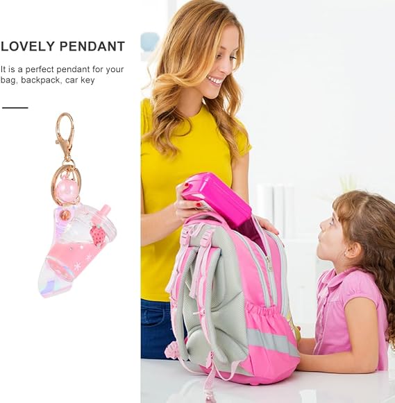 PRETYZOOM Kawaii Milk Tea Strawberry Keychain, Liquid Floating Keychain with Strap, Quicksand Relax Bubble Tea Backpack Keyring, Purse Hanging Charms for Women, Girl