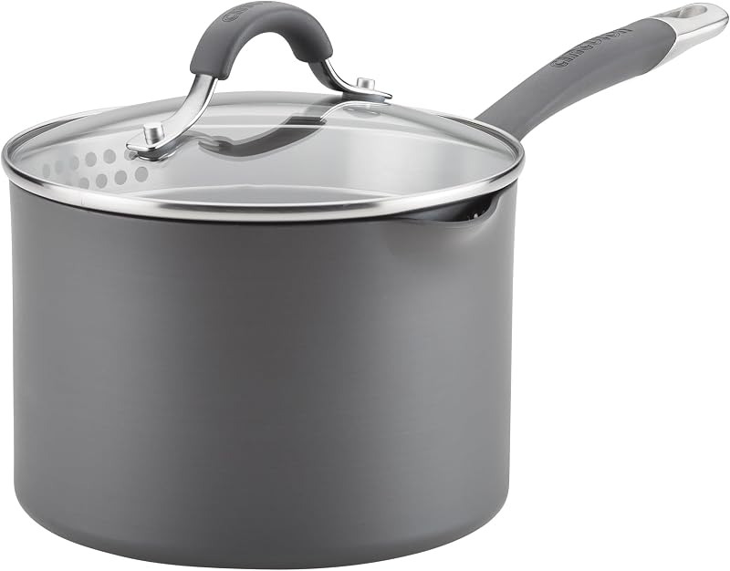 Circulon Radiance Hard-Anodized Nonstick Saucepan with Lid, 3-Quart | Straining Lid For Easy Draining, Durable Non Stick For Everyday Cooking, in Gray