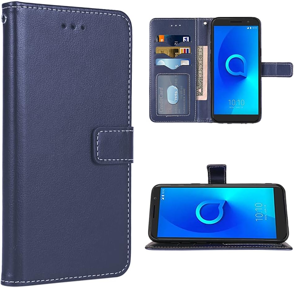Compatible with Alcatel 1(5033D/5033J/5033E/5033A Wallet Case Wrist Strap Lanyard Carbon Fiber and Leather Flip Card Holder Stand Cell Accessories Phone Cover for Alcatel 2018 Women Men Blue