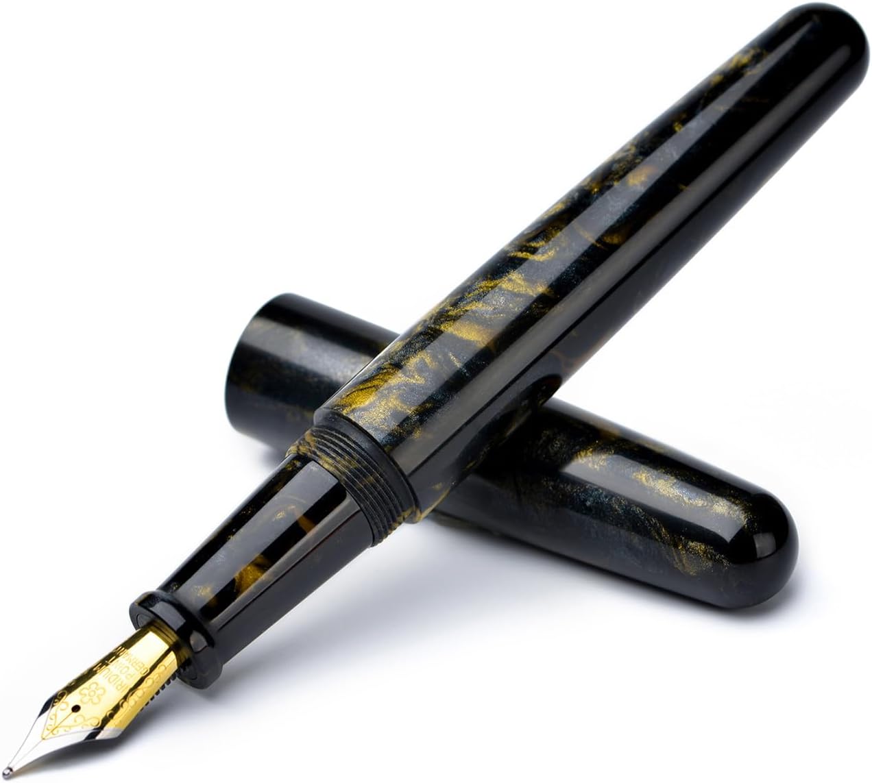 erofa Fuliwen 017 Resin Fountain Pen Medium Nib with Converter, Black Golden Resin Writing Pen Set