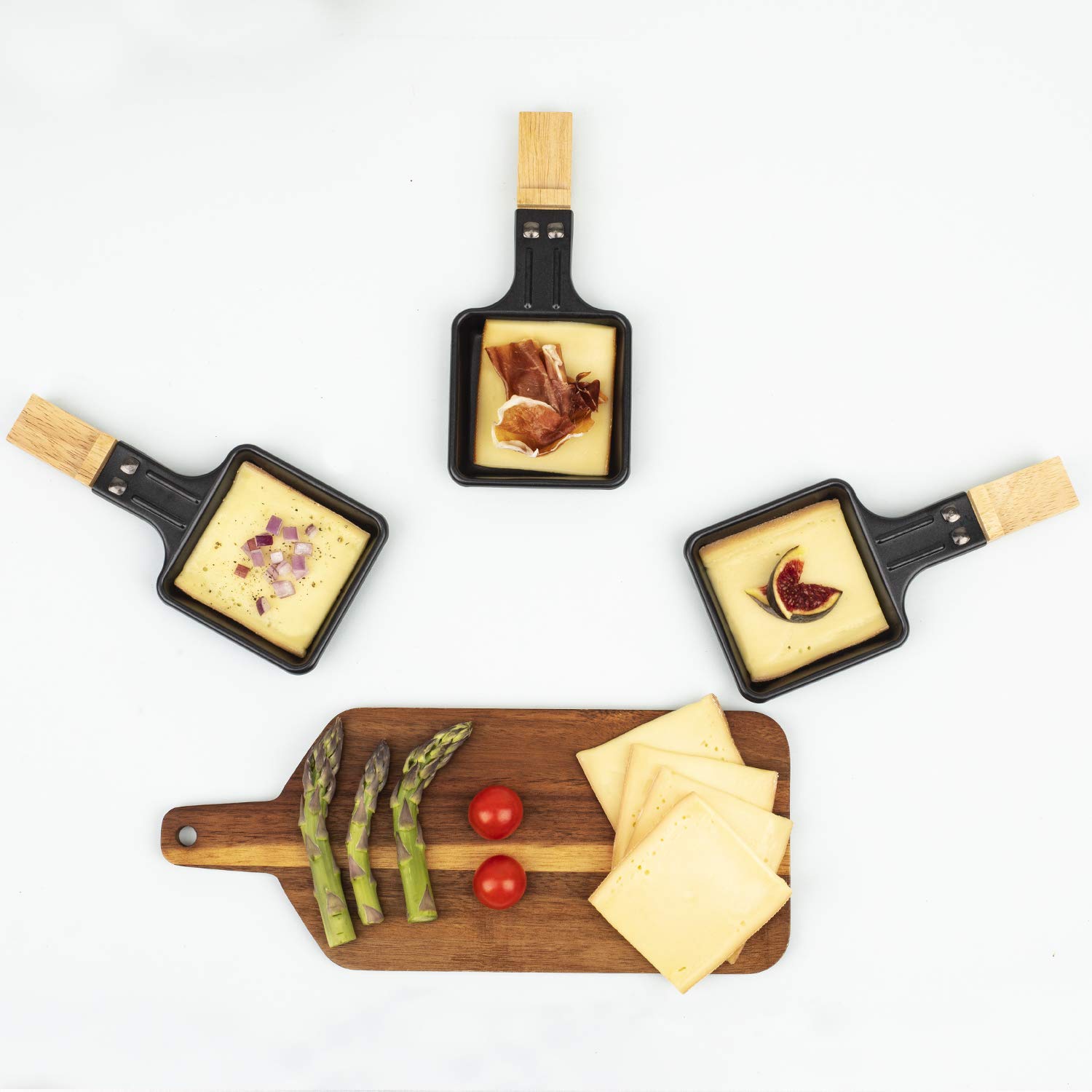 H.Koenig Appareil à raclette Multifonction 8 personnes WOD8 Design en bois naturel, Pierre granit amovible, Raclette fromage fondue professionnel, 8 poêlons antiadhésifs, 8 spatules en bois