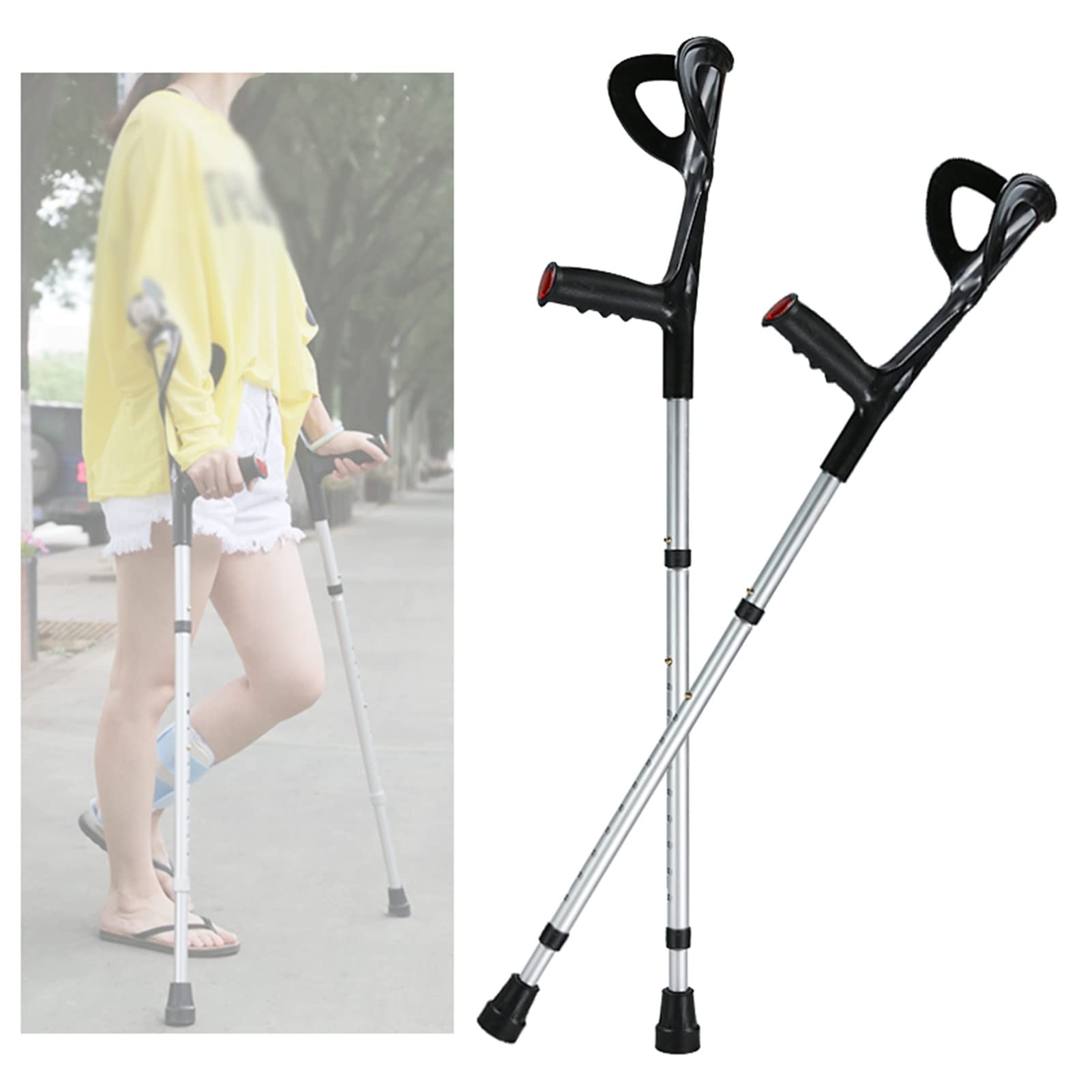Crutches Muletas para Antebrazo Ajustables(2 Unidades,Puño Abierto),Muletas Ortopédicas de Aluminio Plegables y livianas con Agarres Ergonómicos y Apoyo para el Codo en Forma de U,Soporta Hasta130kg