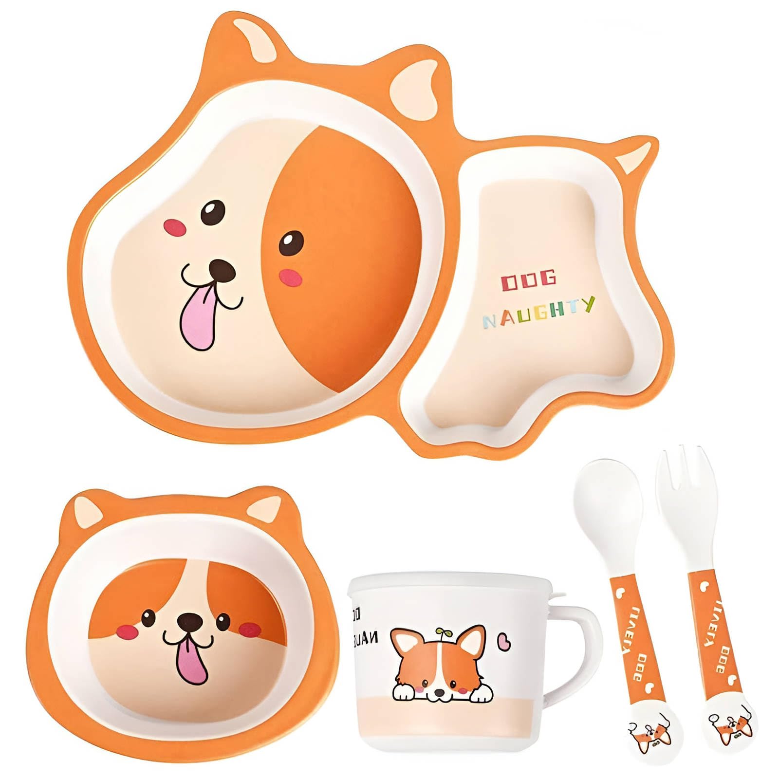 DREAM DOODLE 5 Piece Bamboo Dinnerware for Kids, Toddler Plate and Bowl Set, Eco Friendly and Dishwasher Safe, Great Gift for Birthday, Baby Shower (Dog)