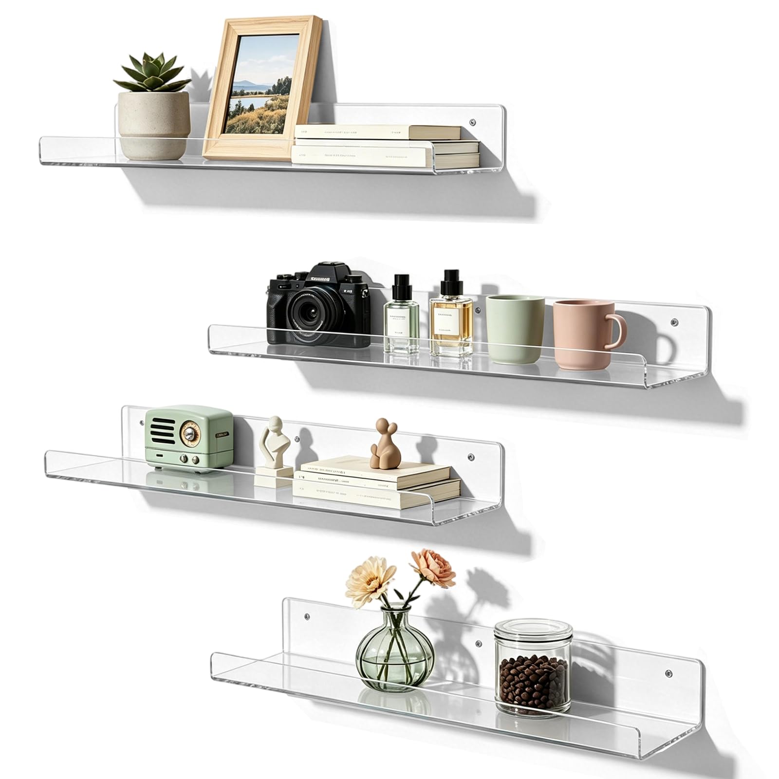 4 Pack Floating Shelves, Floating Shelves for Wall,15" Transparent Acrylic
