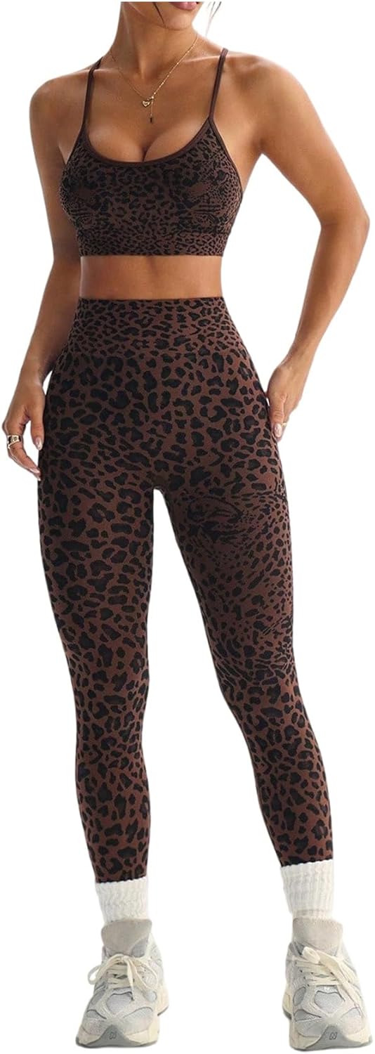 SHENHE Women's 2 Piece Leopard Workout Set Seamless Cross Back Sports Bra and Leggings Yoga Outfits