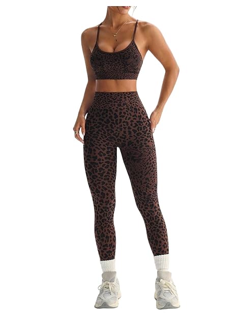 SHENHE Womens 2 Piece Leopard Workout Set Seamless Cross Back Sports Bra and Leggings Yoga Outfits