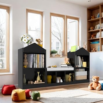 MHOM 68.9 Kids Bookshelf with Reading Nook, Toy Storage Organizer with Seat Cushion and 7 Storage Cubbies, Wooden Kids Bookcase, Toy Organizers for Nursery, Playroom, Black