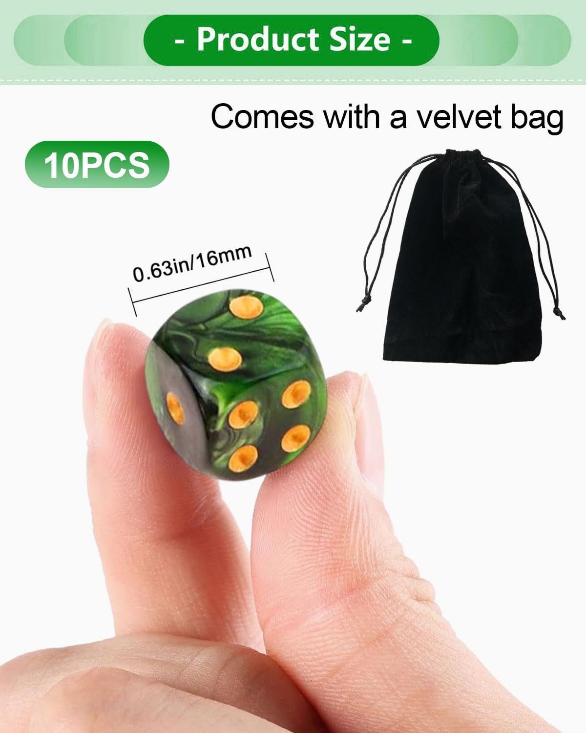 10 PCS Dados,16mm D6 Dado Acrílicos,Dados Verde-Negro con Bolsa de Tela,para Juegos de Mesa,Rol,Mesa,Lecciones de Matemáticas