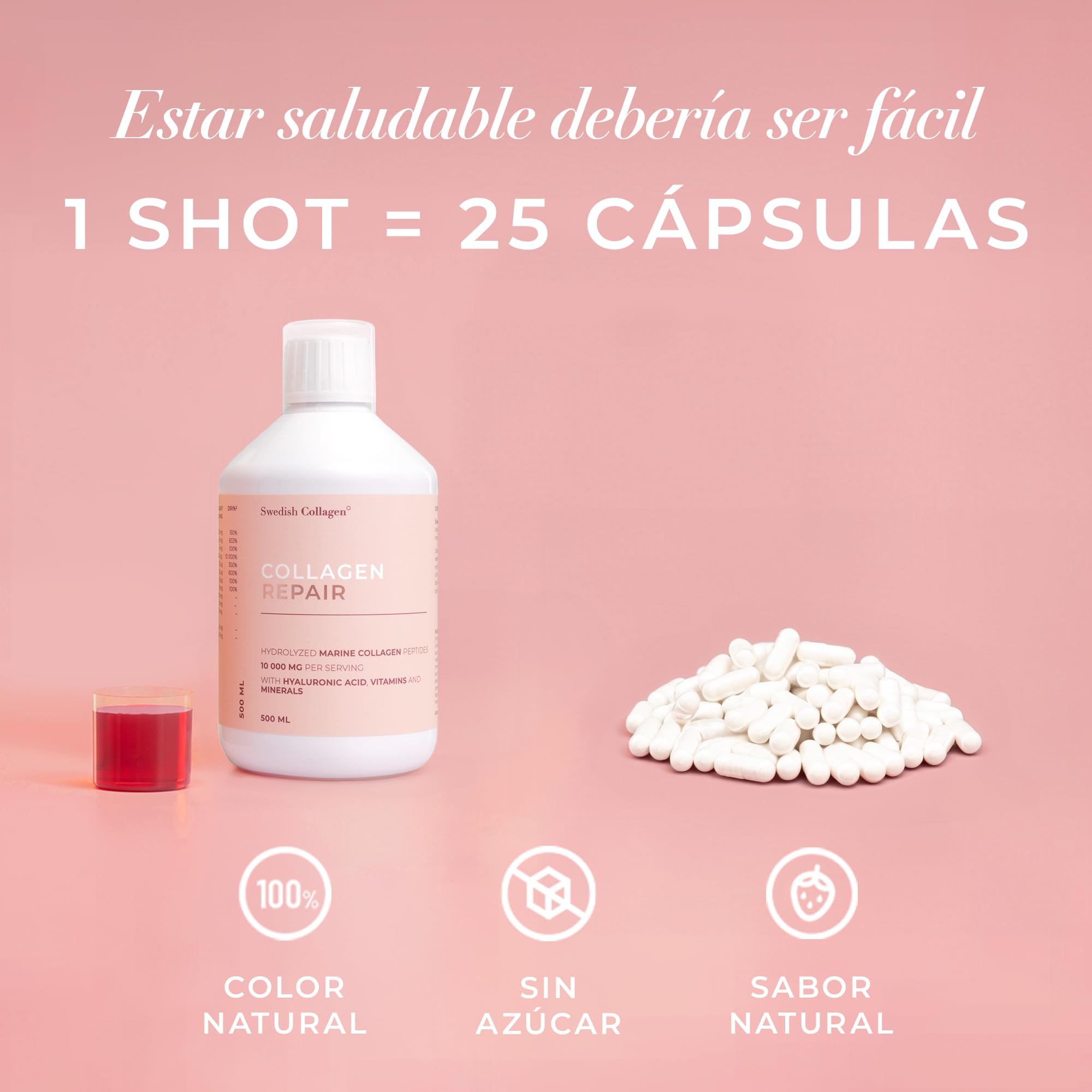 Swedish Collagen, Colágeno marino hidrolizado, líquido, 500 ml | 20 días | Tipo 1 y 3 | Péptidos puros y vitaminas para cabello, piel, uñas y articulaciones | Clínicamente probado | Sin azúcar