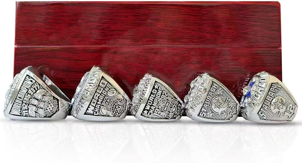 SILVER VERSION RINGS GIFT SET DALLAS RUGBY 1971 1977 1992 1993 1995 WORLD CHAMPIONSHIP RING, 5 RINGS SET WITH 5-HOLE WOODEN DISPLAY BOX PACKAGING, HOLIDAY GIFT FOR BASEBALL FANS