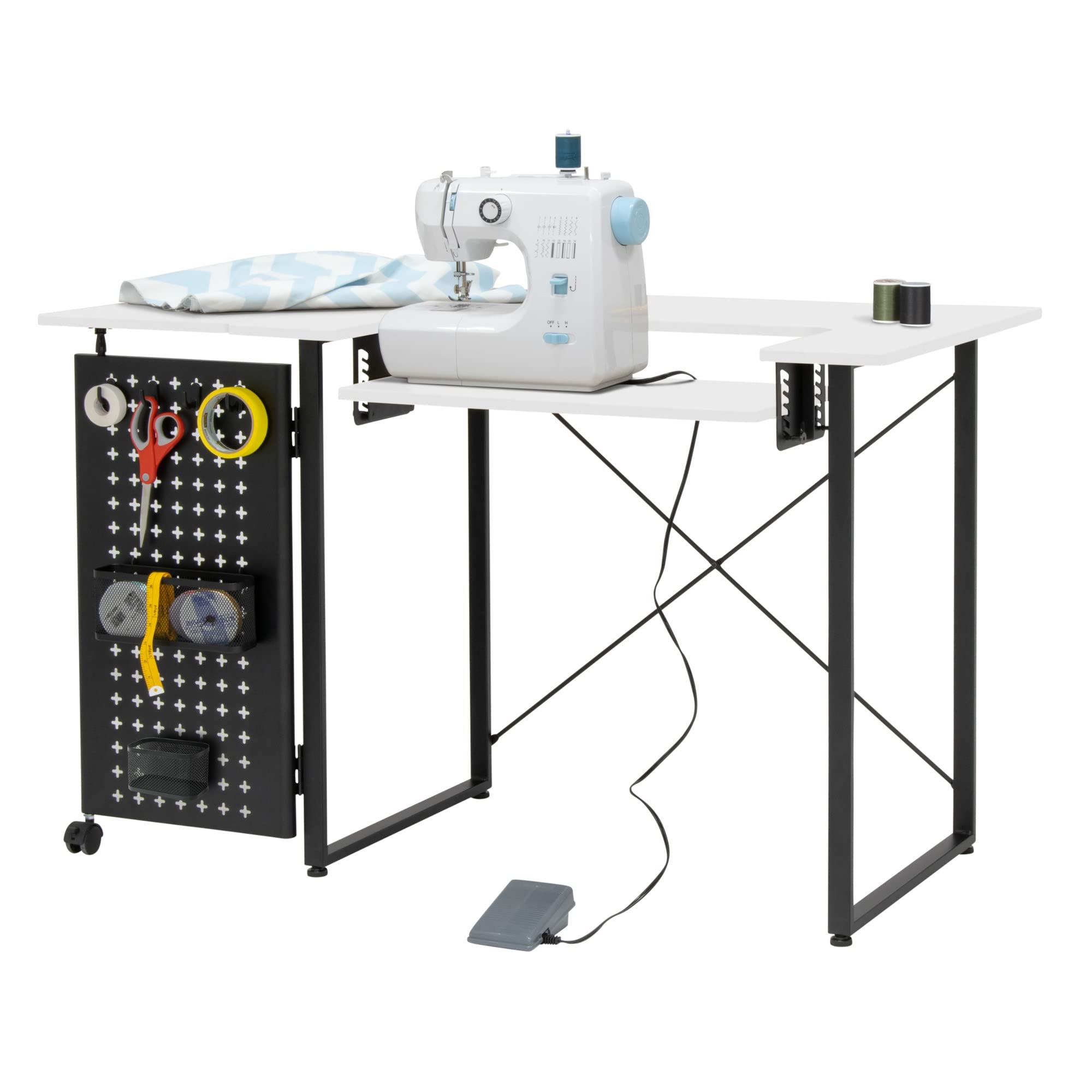 Sewing Online Table de Couture en Ligne avec Panneau de Rangement Pliable, Pieds Blancs/Noirs – Table pour Machine à Coudre avec Plate-Forme réglable, rallonge à abattant, Crochets de Rangement