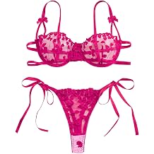 Lilosy Sexy Tie Side Cute Underwire Push Up Strappy Embroidered Mesh Sheer Lingerie Set