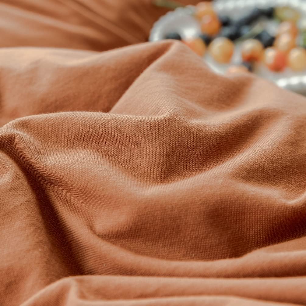 DONEUS Jersey Knit Duvet Cover Set 100% T-Shirt Cotton Super Soft Comfy Natural Bedding Set 3 Piece with Zipper Closure, Solid Burnt Orange Queen