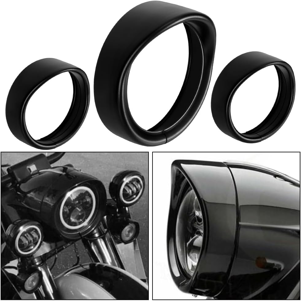 ALMULOO Headlight Trim Ring 7" & Fog Lights Rings Bezel 4.5" Compatible with Harley Electra Glide Road King Street Glide Black Decorate Cover Visor