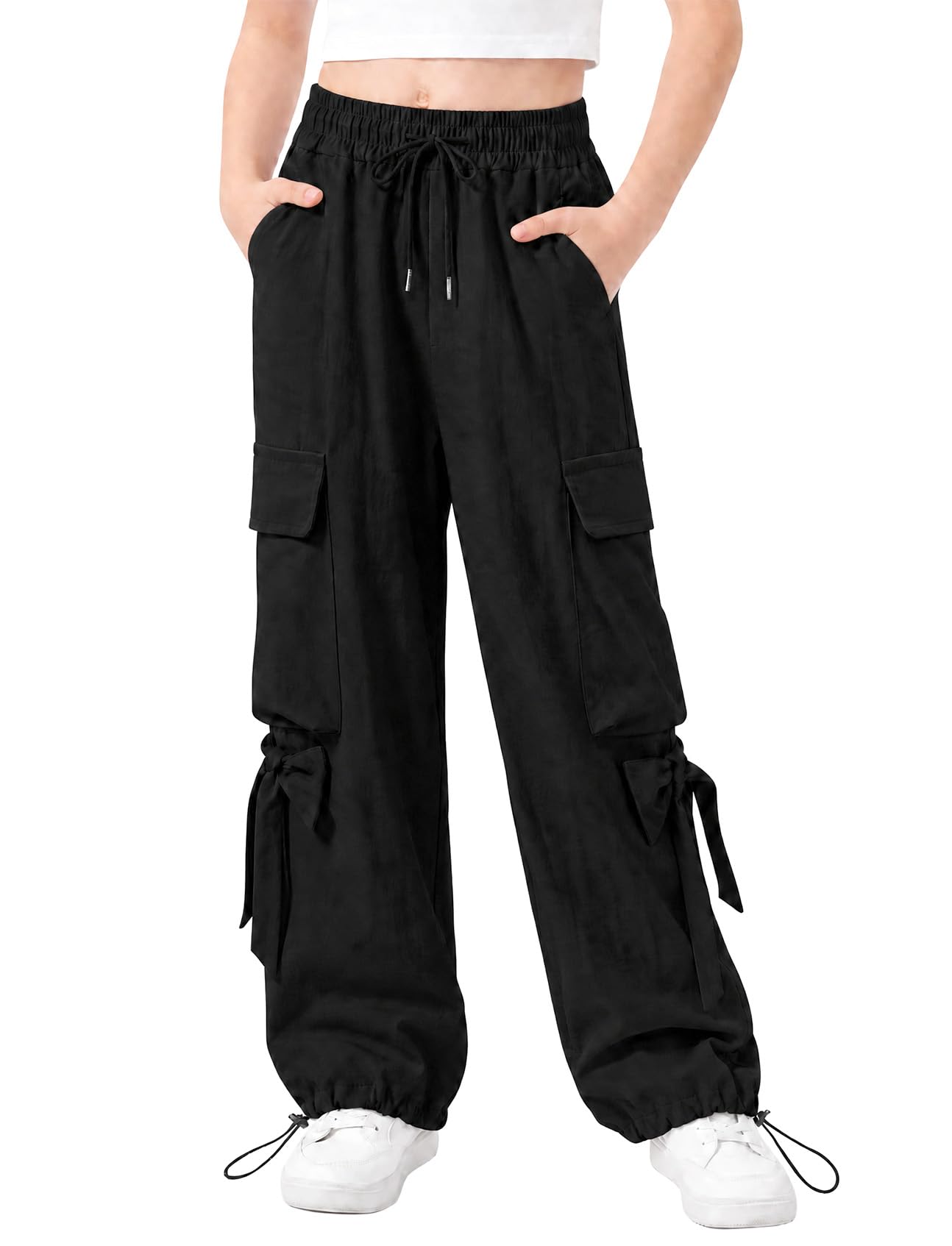 JiAmy Pantalones cargo holgados para niñas, cintura elástica con lazo, pierna ancha, transpirables, Y2K, pantalones deportivos casuales para verano, para baile, escuela, jugar, 5-14 años