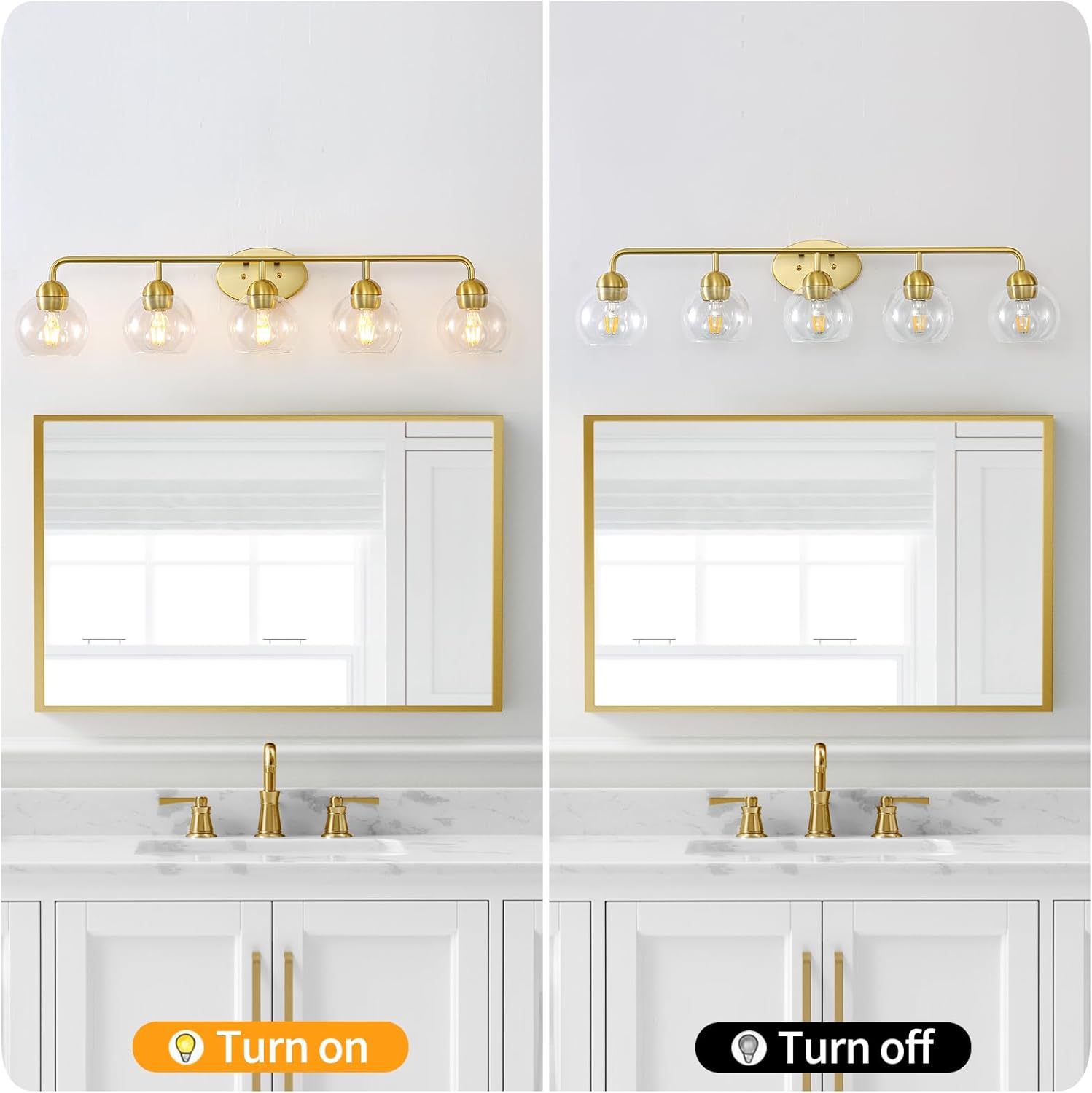 Gold Bathroom Light Fixtures, 5-Light Vanity Light with Globe Glass Shades, Bathroom Lights Over Mirror for Bedroom Hallway Living Room, E26 Socket (Bulbs Not Included)