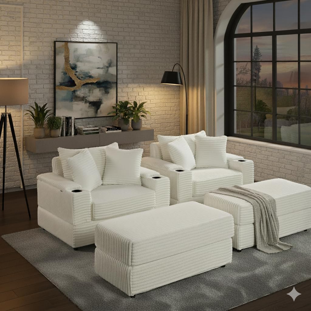 Oversized Indoor Lounge Chaise Chair with Ottoman, Wide Corduroy Upholstered Sofa Chaise Pocket Spring Cushion, Cozy Living Room Chair with Storage Armrest & Cupholders (Beige)