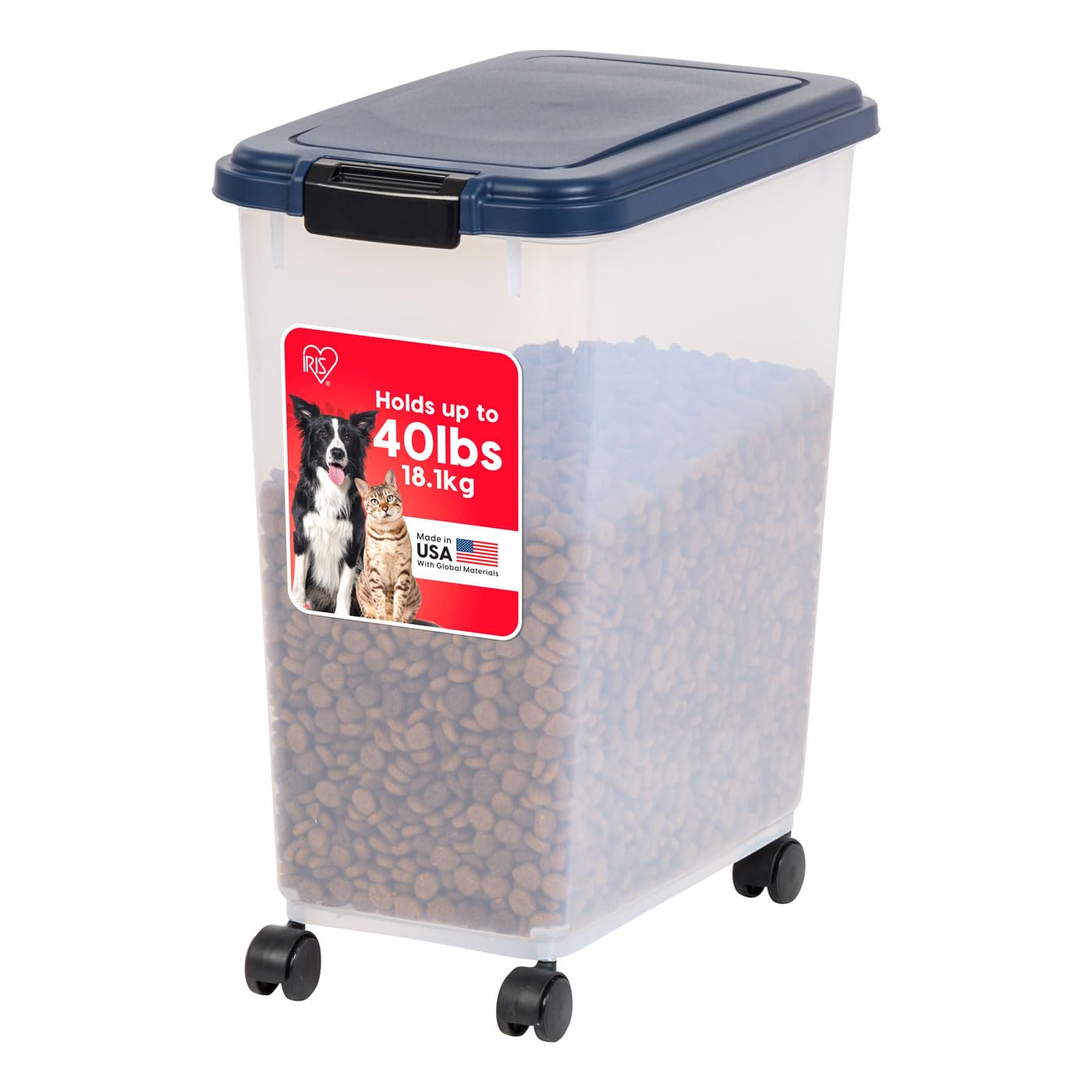 IRIS USA Airtight Dog Food Storage Container, Up to 40 lbs, Attachable Wheels, For Dog Cat Bird and Other Pet Food Storage Bin, Keep Fresh, Translucent Body, Easy Mobility, Navy