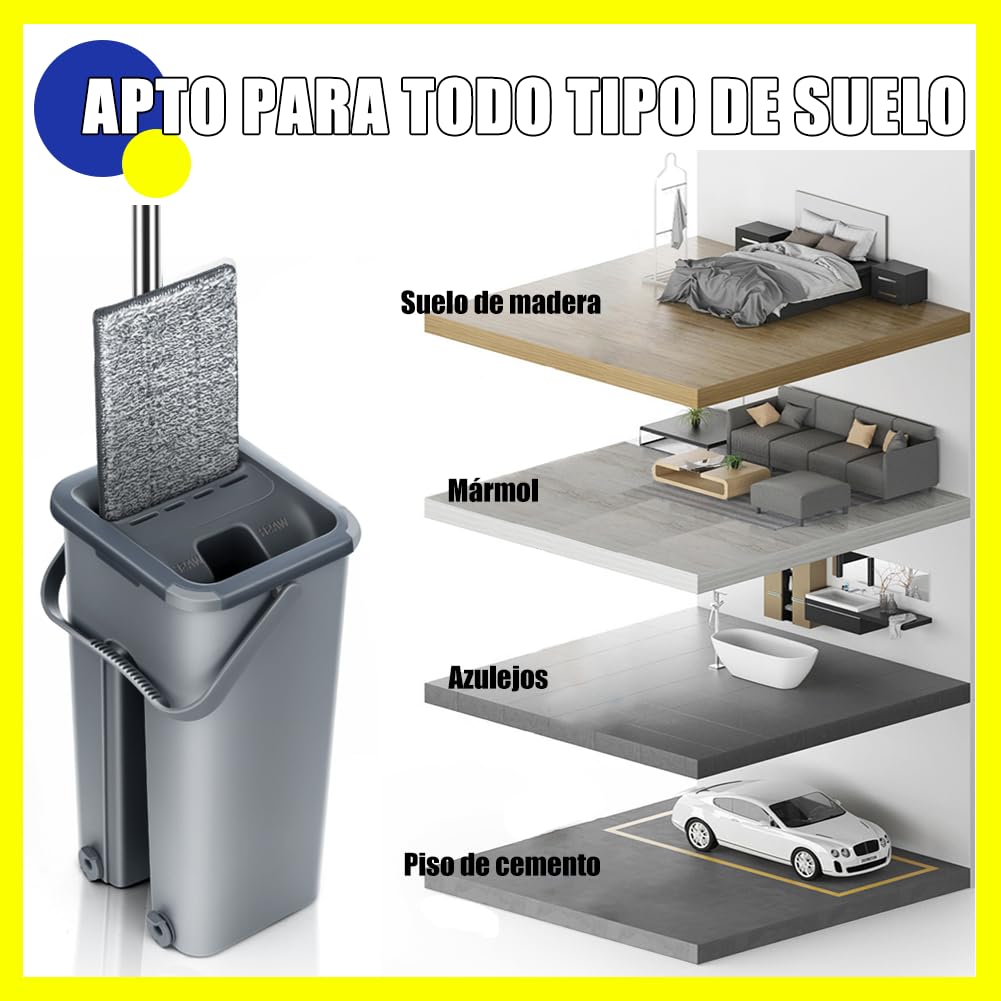 Mopa Multifuncional para Azulejos Paredes y Suelos con Cubo Escurridor Sistema Autoescurrible Cepillo 6 Almohadillas de Microfibra Limpieza Tarima Atrapa Polvo Trapeador Escurre Fácil Mop Ventanas