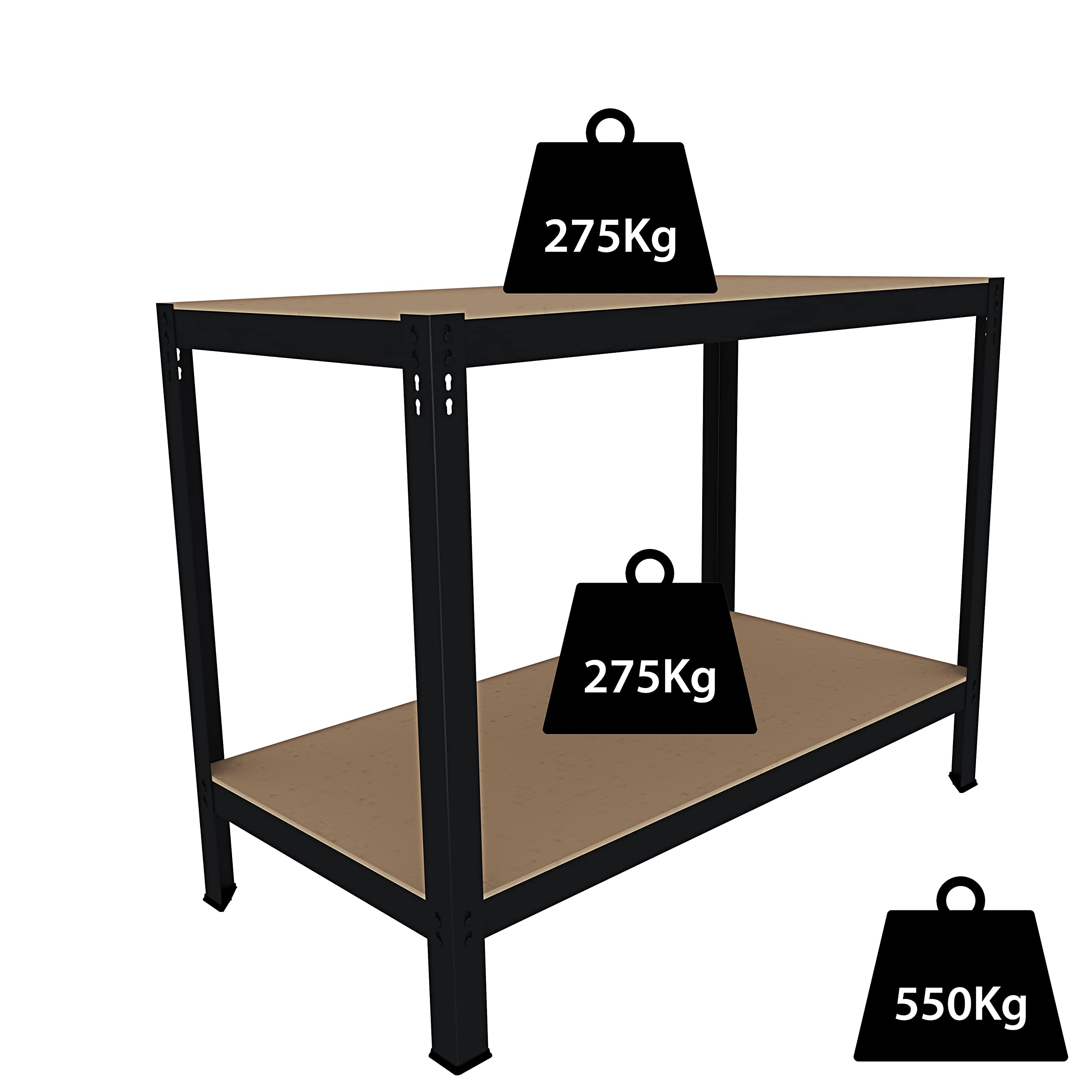 Banco Tavolo Da Lavoro Senza Bulloni In Acciaio Metallo MDF Portata Fino 550 Kg 2 Ripiani Regolabili Ideale Per Garage Officina Cantina Capannone Magazzino Design Modulare 90 x 120 x 60 cm (Black)