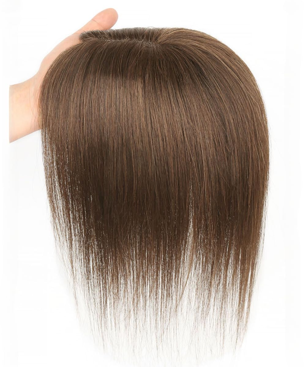 3.5x5.5inch 9.8inch Handmade Seamless Straight Human Hair Topper Hairpiece Top Piece Wiglet Hairpiece for Women Thin Hair (Mocha brown,25cm)