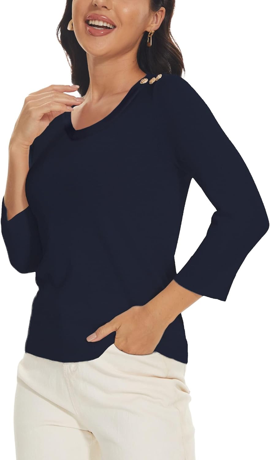 Spicy Sandia Women's 3/4 Sleeve V Neck Pullover Sweaters Lightweight Dressy Casual Trendy Knit Top Shirt - Image 2