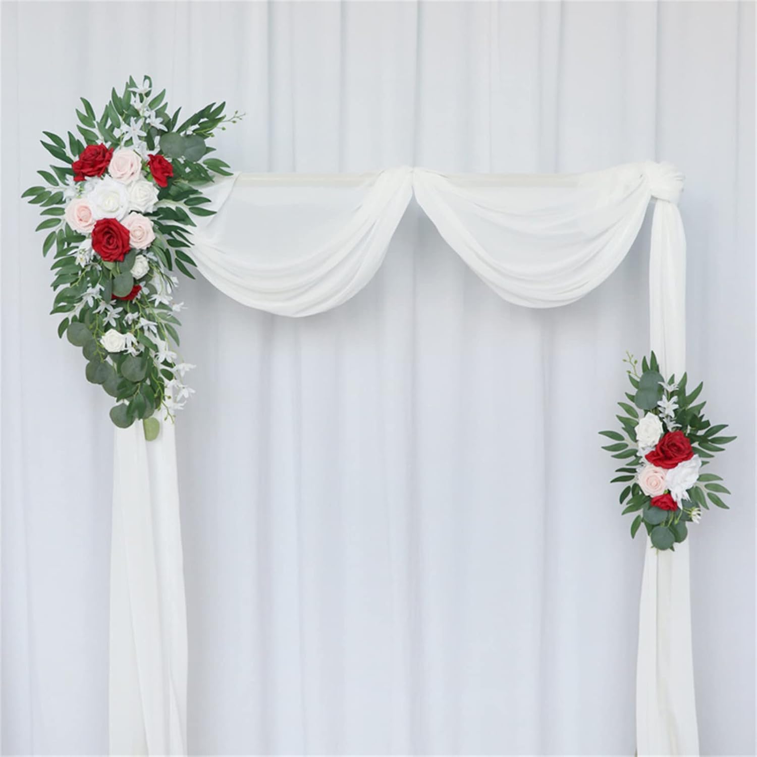 Yesness Artifical Flower Swag Pink Red White Rose Poney Greeny Floral Wreath for Wedding Ceremony Sign Home Floral Decoration,Reception Table Backdrop Floral Decoration, 2Pcs Wedding Arch Flowers