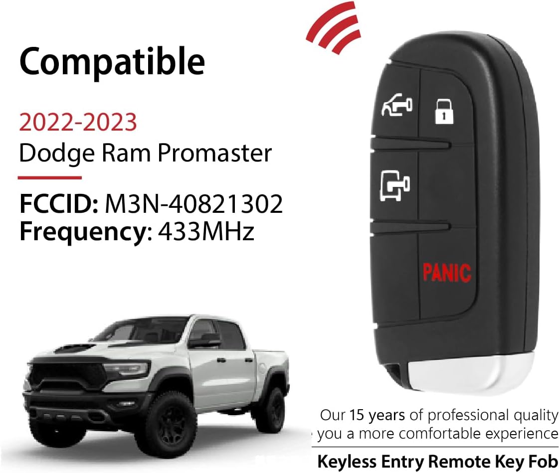 Replacement for 2022 2023 Dodge Ram Promaster Key Fob Remote Control M3N-40821302 4 Buttons 433MHz