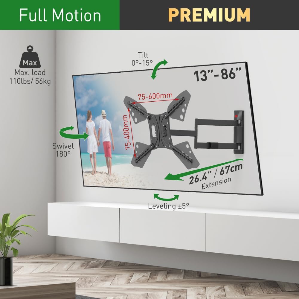 Barkan TV mount full motion capabilities: tilt, swivel, extension, leveling