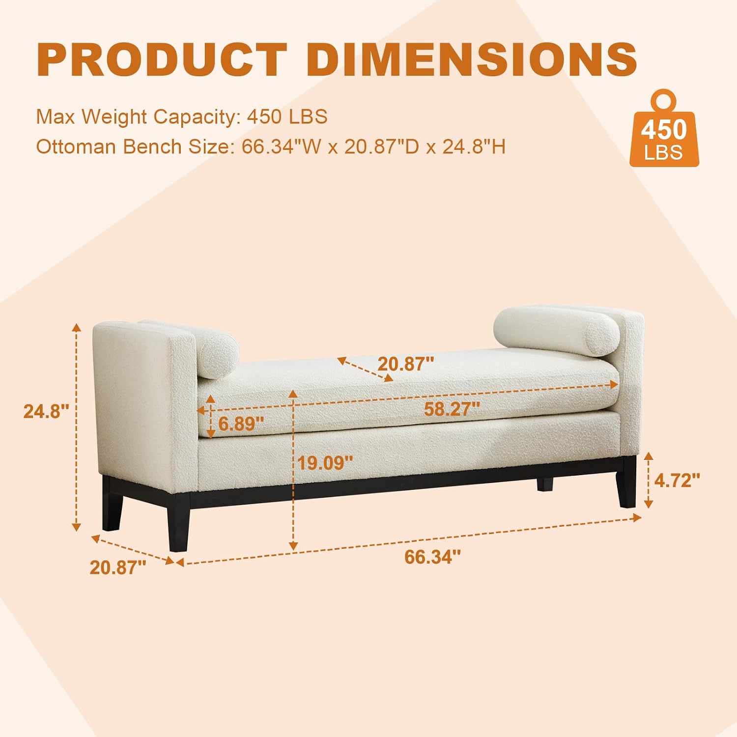 66.34 Inch End of Bed Bench, Upholstered Bedroom Ottoman Bench with Wood Legs, Elegant Ottoman with Bolster Pillows, Soft Fabric, for Living Room, Bedroom, End of Bed - Ivory & Black Legs