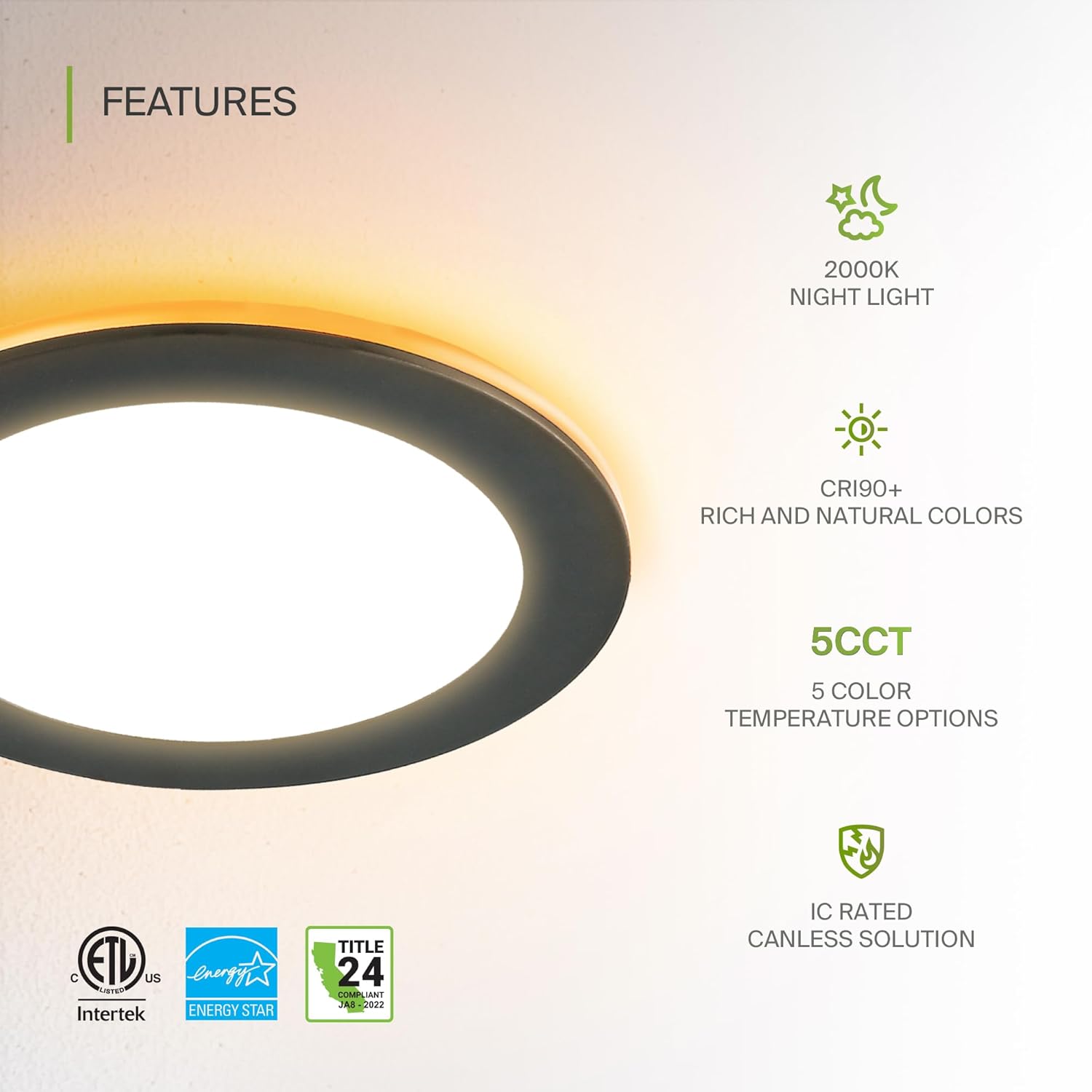 ASD 12 Pack 6 Inch LED Recessed Light with Night Light 12W, 5CCT 2700K-5000K 1071LM CRI90+, IC Rated Dimmable Ceiling Lights, Canless Wafer Downlight, Ultra-Thin Lighting Fixture, ETL ES T24, Black