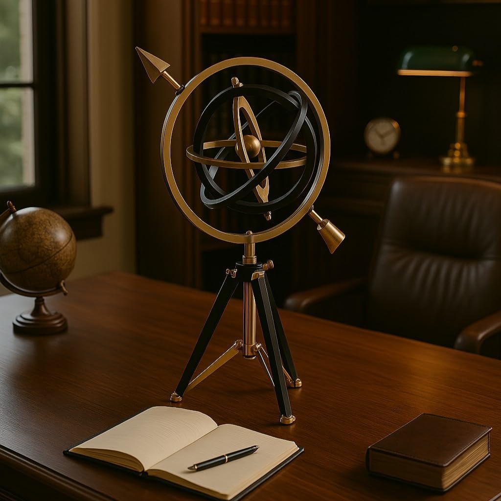 Metal Armillary Sphere Globe with Tripod Stand, 17" Black and Gold Decorative Globe, Foldable Aluminum Industrial Decor for Office & Home, 13"L x 9"W x 17"H