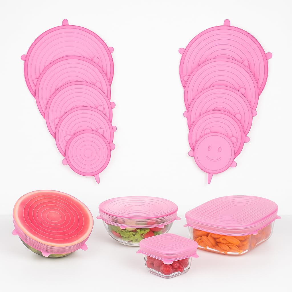 Burakh Transparent / Pink Silicone Stretch Lids – 6Pcs & 12Pcs Reusable Food Covers For Bowls, Dishes, Jars & Containers | Airtight & Leakproof Silicone Lids | Bpa Free, Microwave, Dishwasher & Freezer Safe (Pack Of 12)