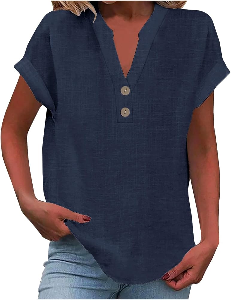 Nantdog Linen Shirts for Women Summmer Short Sleeve Casual Tops Henley Vcation Beach Lounge Button Lightweight Tunic Blouse