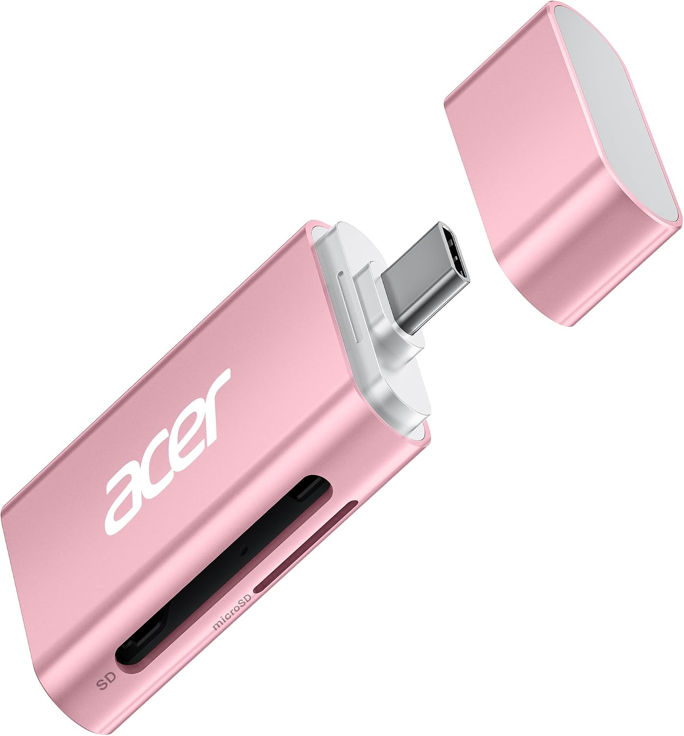 Close-up of the Acer USB C SD 4.0 Card Reader with its dust cap removed, showing the USB-C connector.