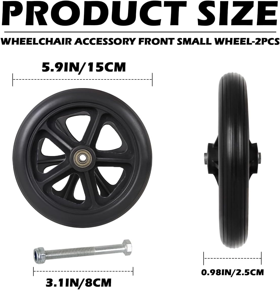 RUTAVM ブラックラバー車椅子交換用ホイール2個、7インチユニバーサル小型ローラーウォーカー交換用ホイール(6サイズ)