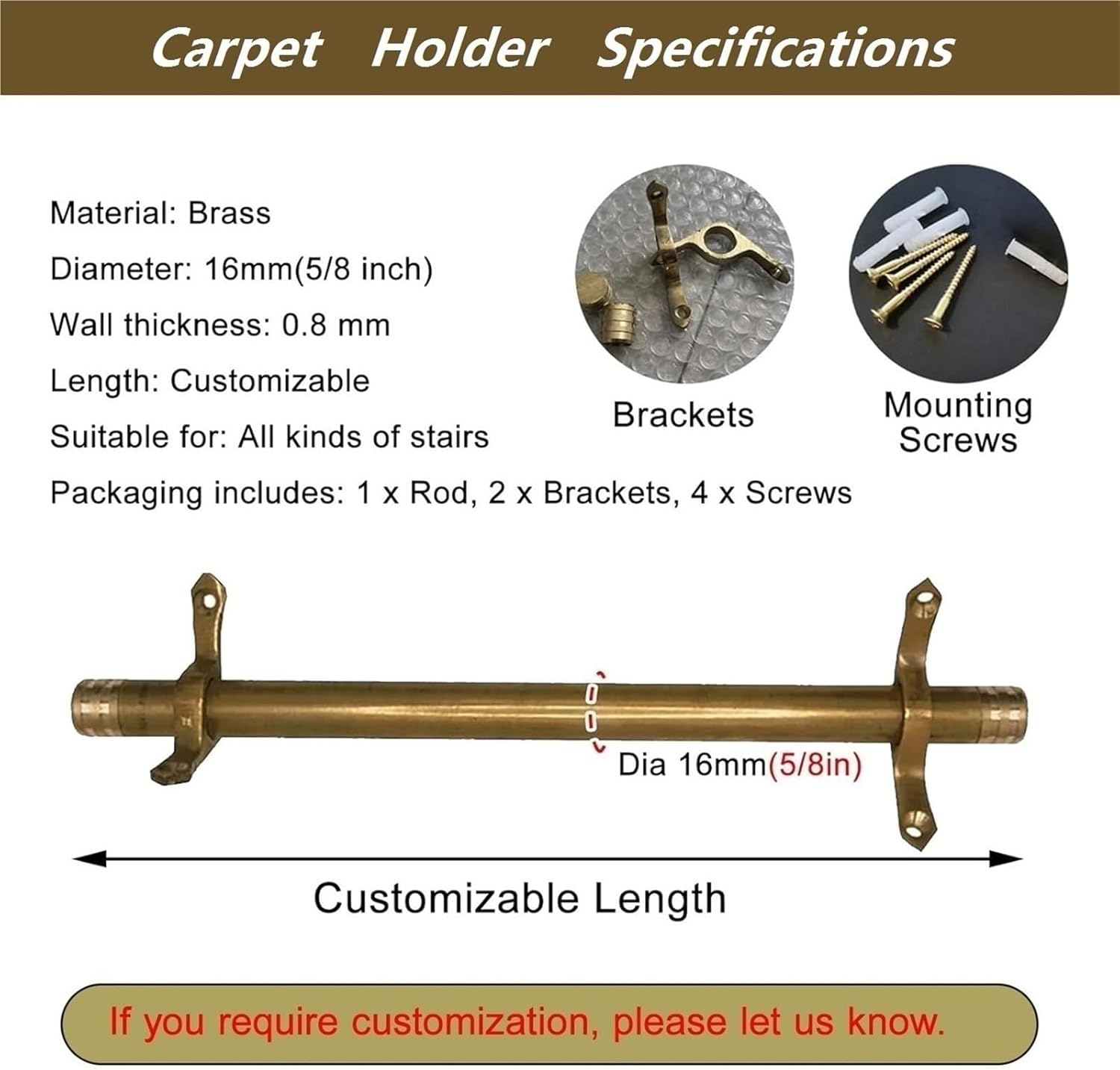 20 28 30 34 38 40 42 46 48 50 Inch Long Antique Brass Stair Runner Rods, Stair Rods for Carpet Runners, Includes Brackets & Screws, Easy to Install Disassemble(5pcs,56cm/22in)