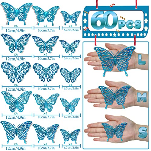 60 Pcs 3D Sequined Cyan Butterfly Wall Decor, 5 Styles 3 Sizes,Butterfly Cake Decorations Iridescent,Metallic Room Mural Wall Stickers For Bedroom Home, Ofice, Party Decor (Sequined Cyan) #TOP4