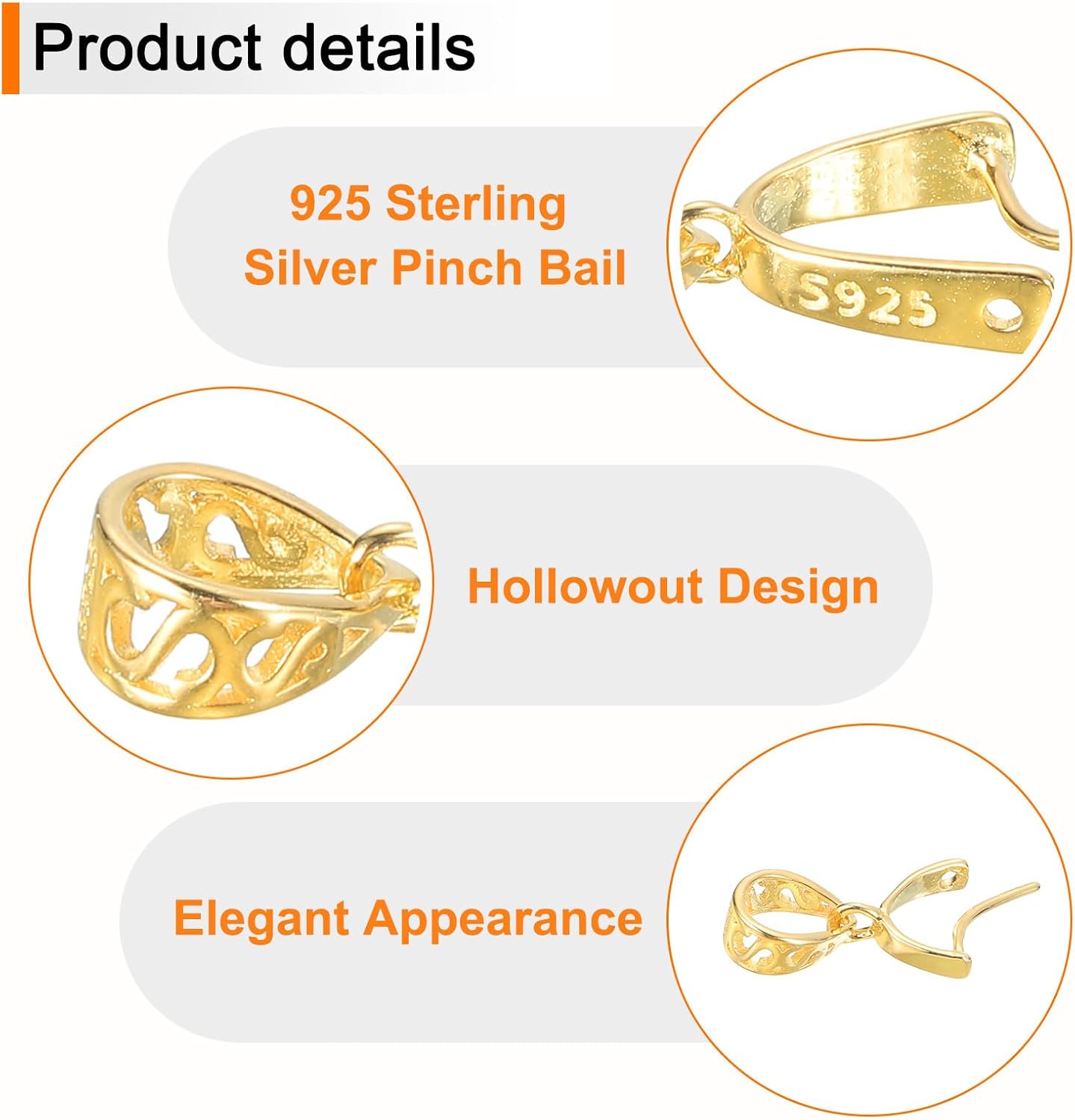 uxcell 2Pcs 925 Sterling Silver Pinch Bail, 12mm Pendant Clasp Pendant Bail Connector Pinch Clip Bail Clasp for Jewelry Making Supplies Bracelet Necklace DIY Craft, Gold - Image 3