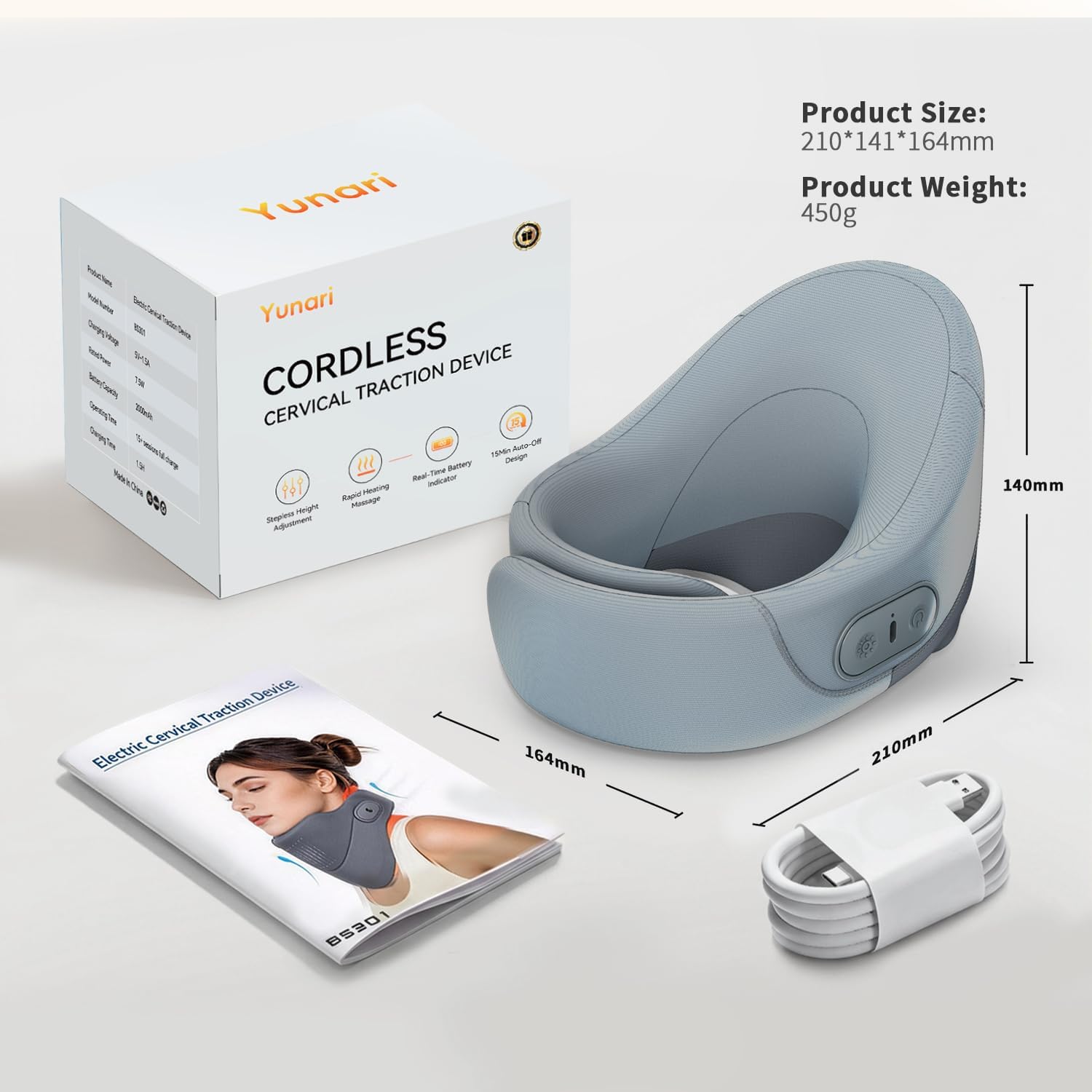 Yunari Cordless Neck Brace for Cervical Spine Posture Correction and Support, Patented Traction Device with Intelligent Adjust and Hot Compress, Neck Brace for Men and Women, （Gray, Medium）